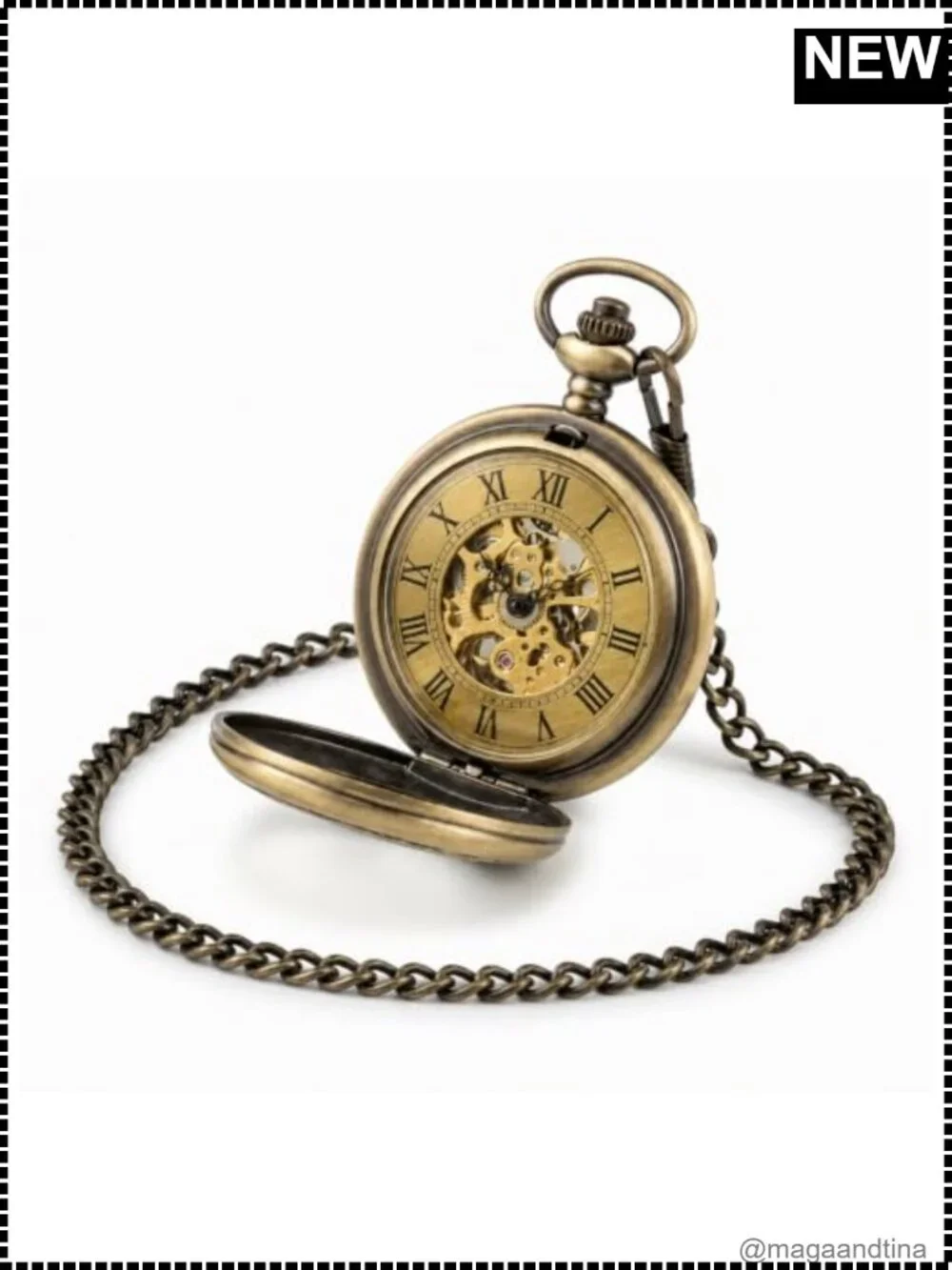 Hand-Wind Mechanical Pocket Watch with Chain Vintage Bronze 45mm